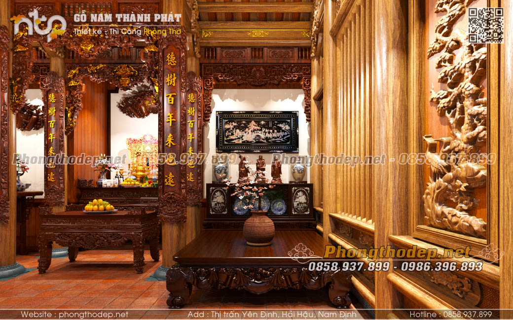 Nội thất gian trái nhà gỗ 3 gian trên tầng 2